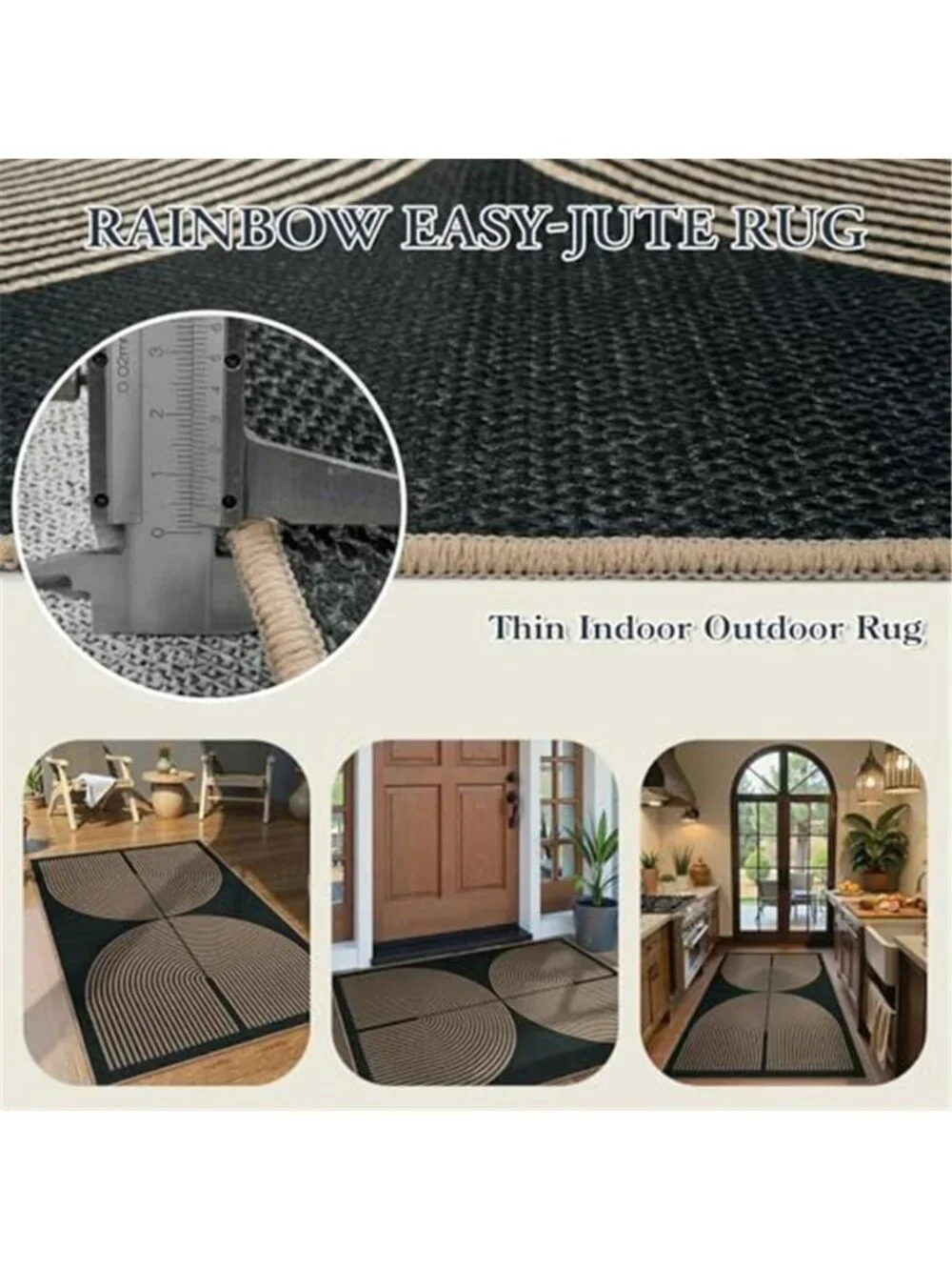 Modern Rainbow Easy Jute Outdoor Patio Rug, 3x5 ft Black Washable Rugs
